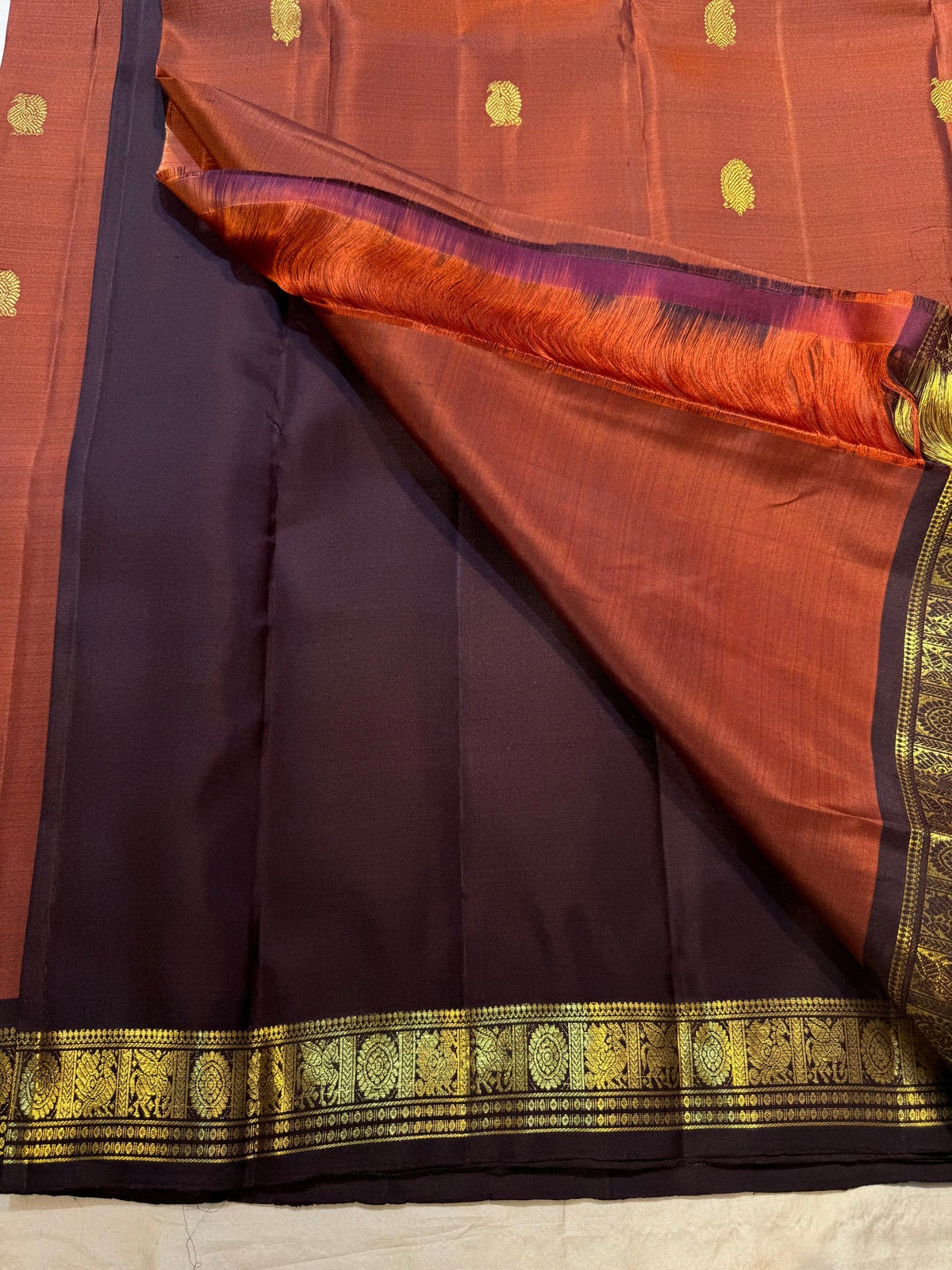Handwoven Korvai saree with Deep Brown contrast border and antique-gold motif registers.