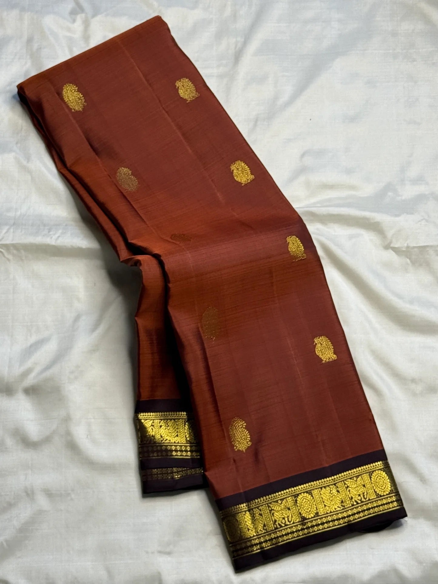 Deep Brown Korvai pallu with dense antique-gold zari weaving.