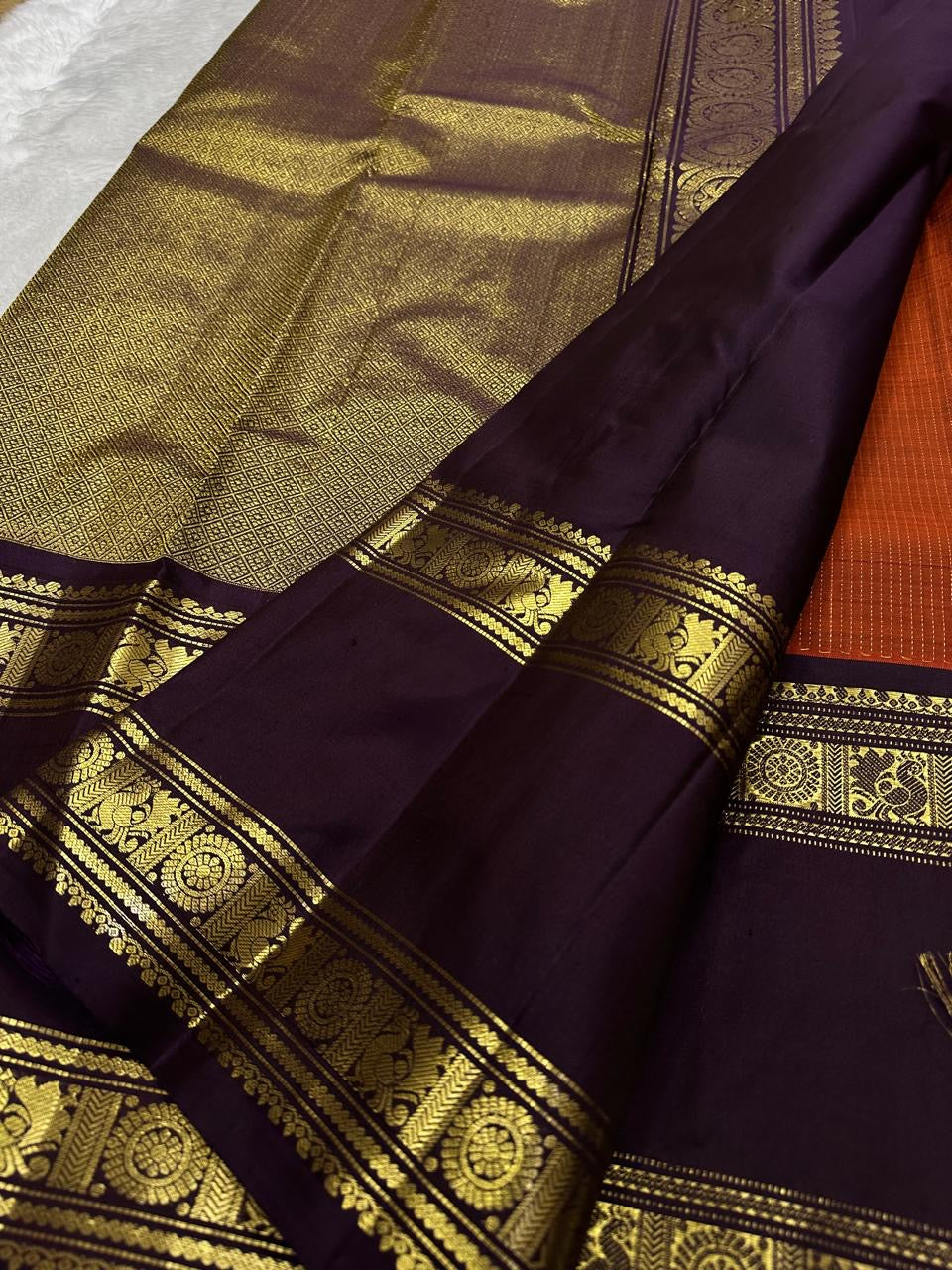 Rust Orange and Deep Plum Handwoven Pure Silk KanchiPattu Saree with Vairaoosi Kamalam Butta and Rettapet Border