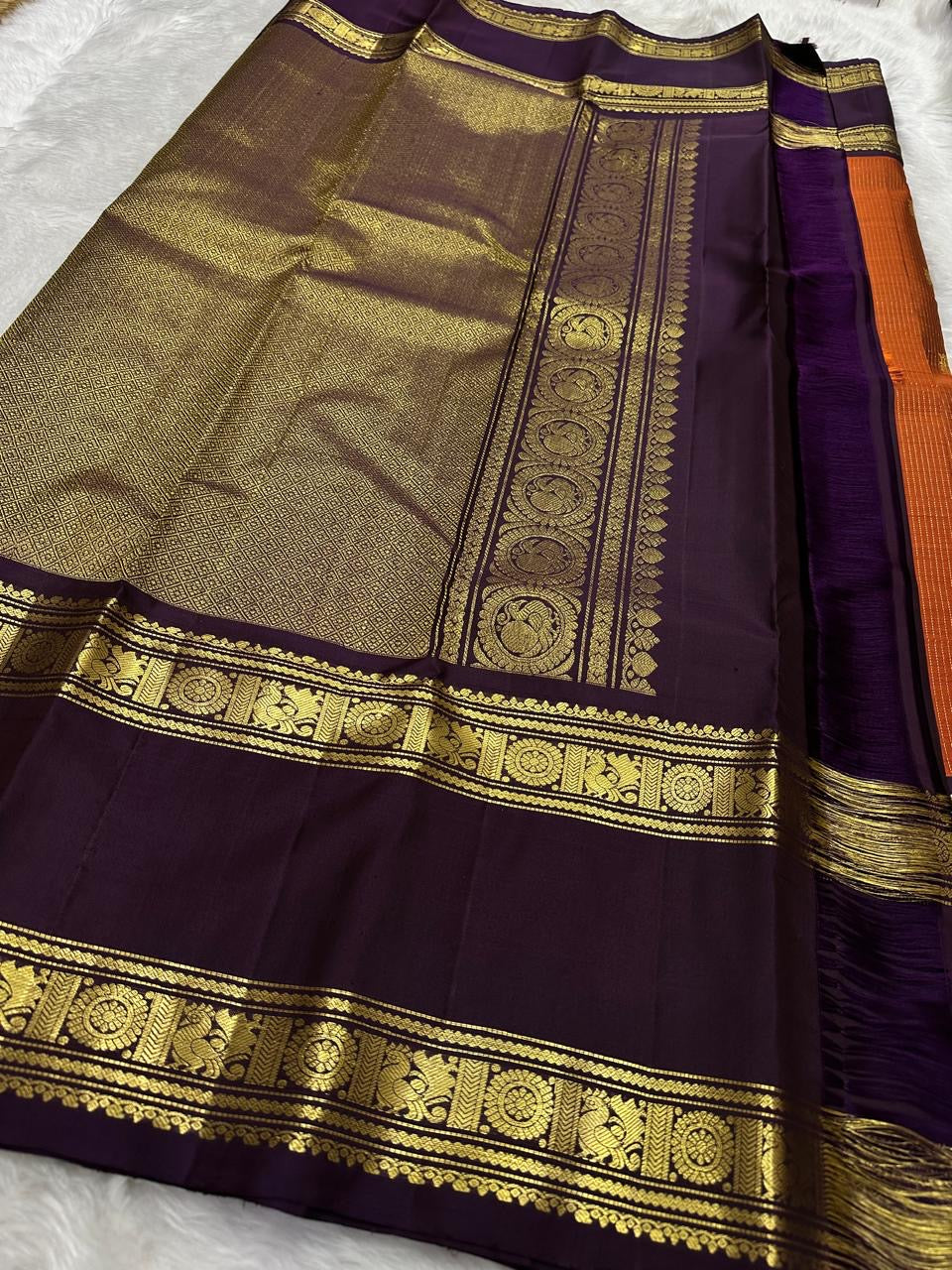 Rust Orange and Deep Plum Handwoven Pure Silk KanchiPattu Saree with Vairaoosi Kamalam Butta and Rettapet Border