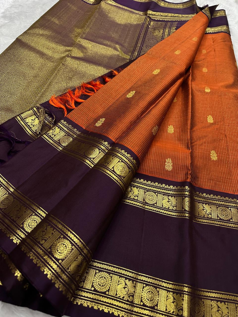 Rust Orange and Deep Plum Handwoven Pure Silk KanchiPattu Saree with Vairaoosi Kamalam Butta and Rettapet Border