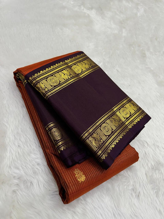 Rust Orange and Deep Plum Handwoven Pure Silk KanchiPattu Saree with Vairaoosi Kamalam Butta and Rettapet Border