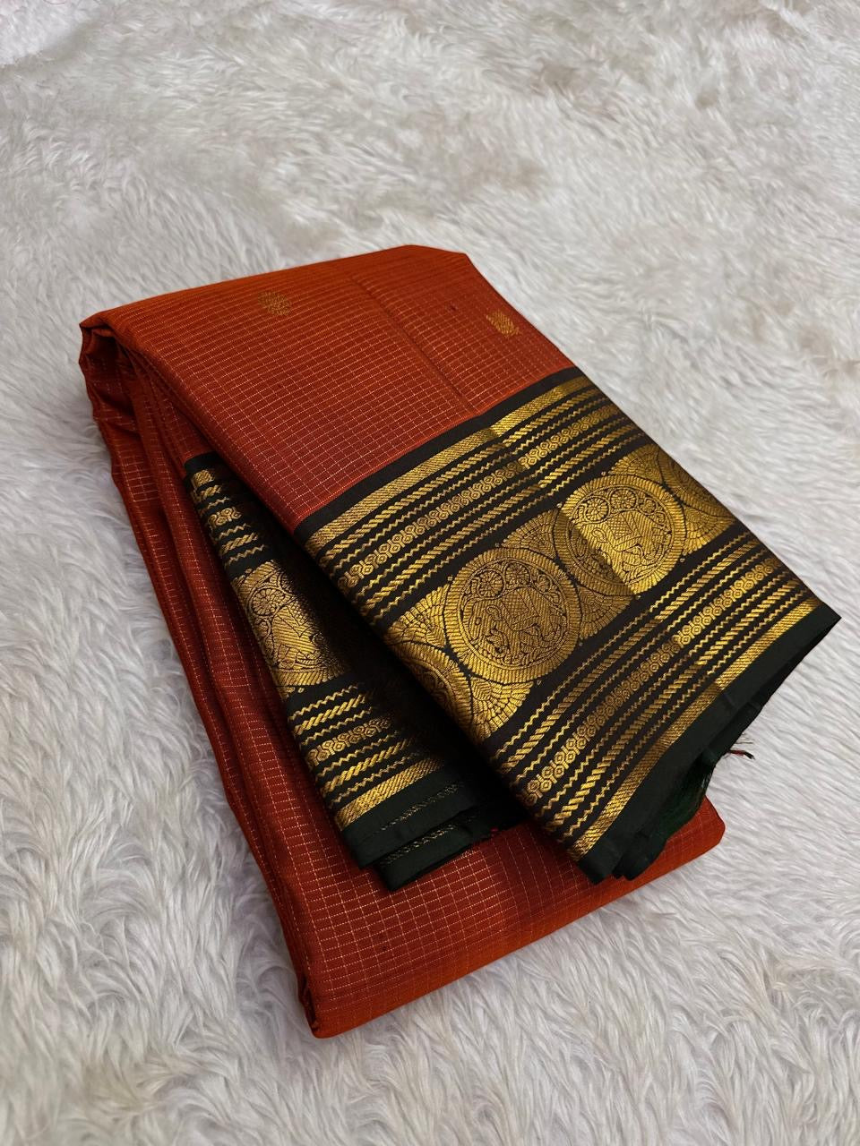 Zari kattam kamalam butta body on rust orange Kanchipuram pure silk saree — Idam Living