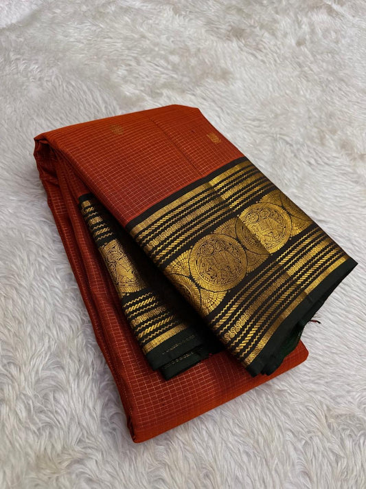 Zari kattam kamalam butta body on rust orange Kanchipuram pure silk saree — Idam Living