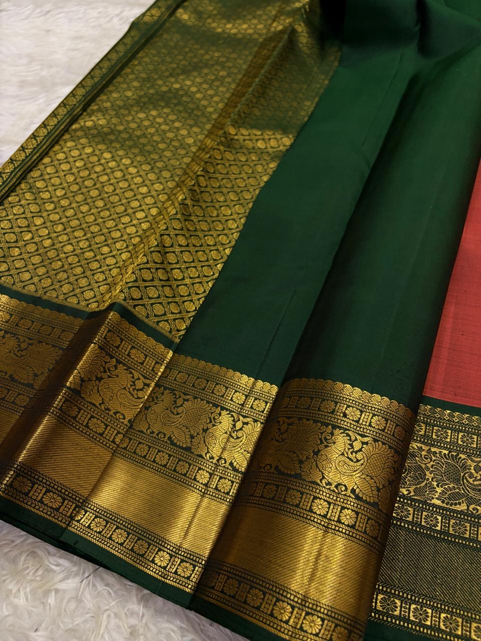 Traditional rust orange Kanchipuram silk saree ready to ship from New Jersey