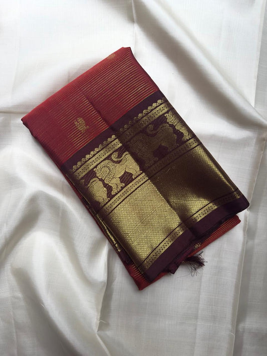 Rust red handwoven pure silk Vairaoosi Kanchi Pattu saree — full saree overview — Idam Living