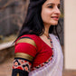 Saatchi handloom silk blouse in red black gold and white with kalamkari and ajrakh fabric detailing