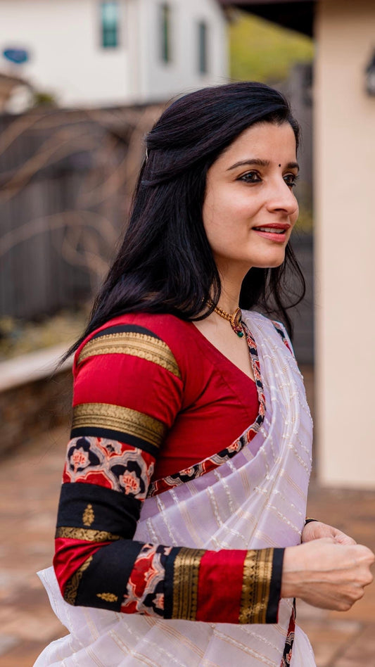 Saatchi handloom silk blouse in red black gold and white with kalamkari and ajrakh fabric detailing