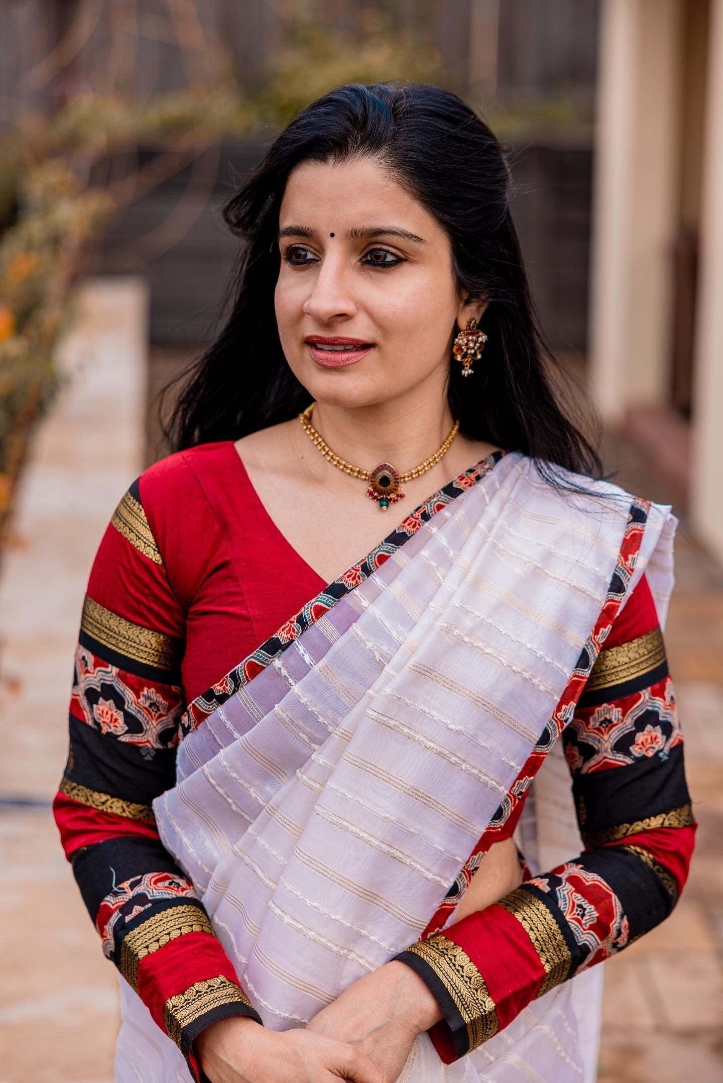 Handcrafted statement blouse combining silk cotton zari kalamkari and ajrakh fabrics