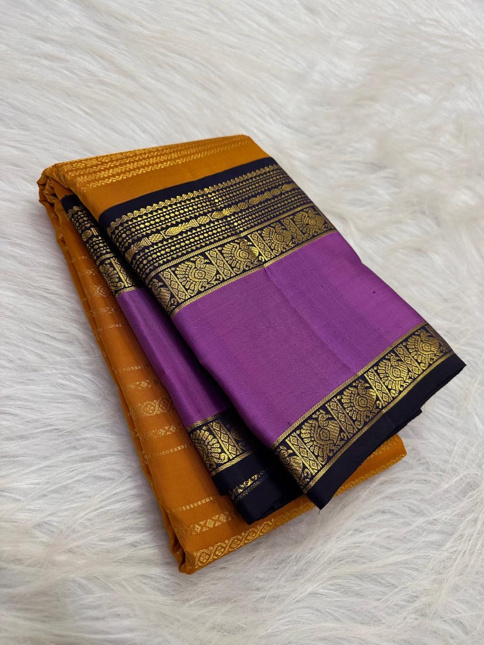 Saffron Marigold Handwoven Pure Silk Kanjipuram Korvai Saree with Orchid Purple Border and Veldhari Zari