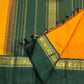 Deep green Kaal Irangiya border with gold zari bird and floral-vine detailing on saffron silk saree