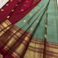 Sage green and burgundy red pure silk Kanchipuram saree – traditional wedding drape with gold zari