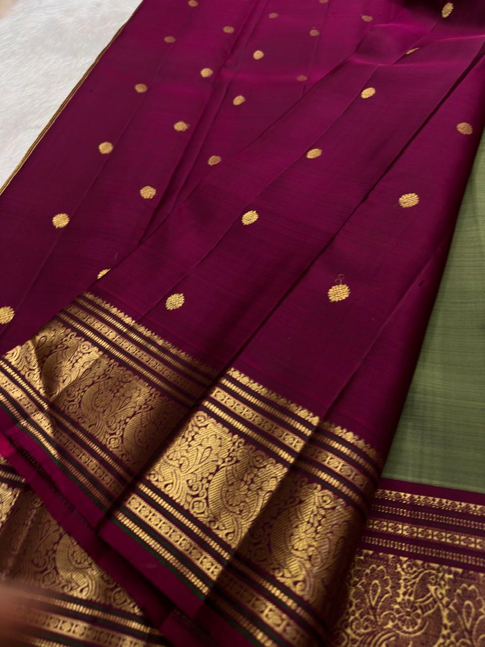 Sage green handloom Kanjivaram silk saree with gold zari view