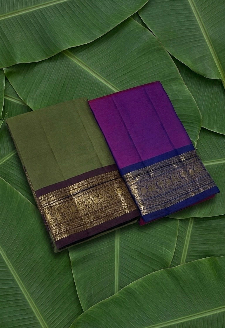 Sage green Kancheepuram pure silk saree with plum varisaipet border close-up — Idam Living