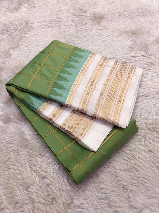 Sage Green Lightweight Pure Silk Kanchipuram Silk Thread Kattam Saree with Ivory Gold Border