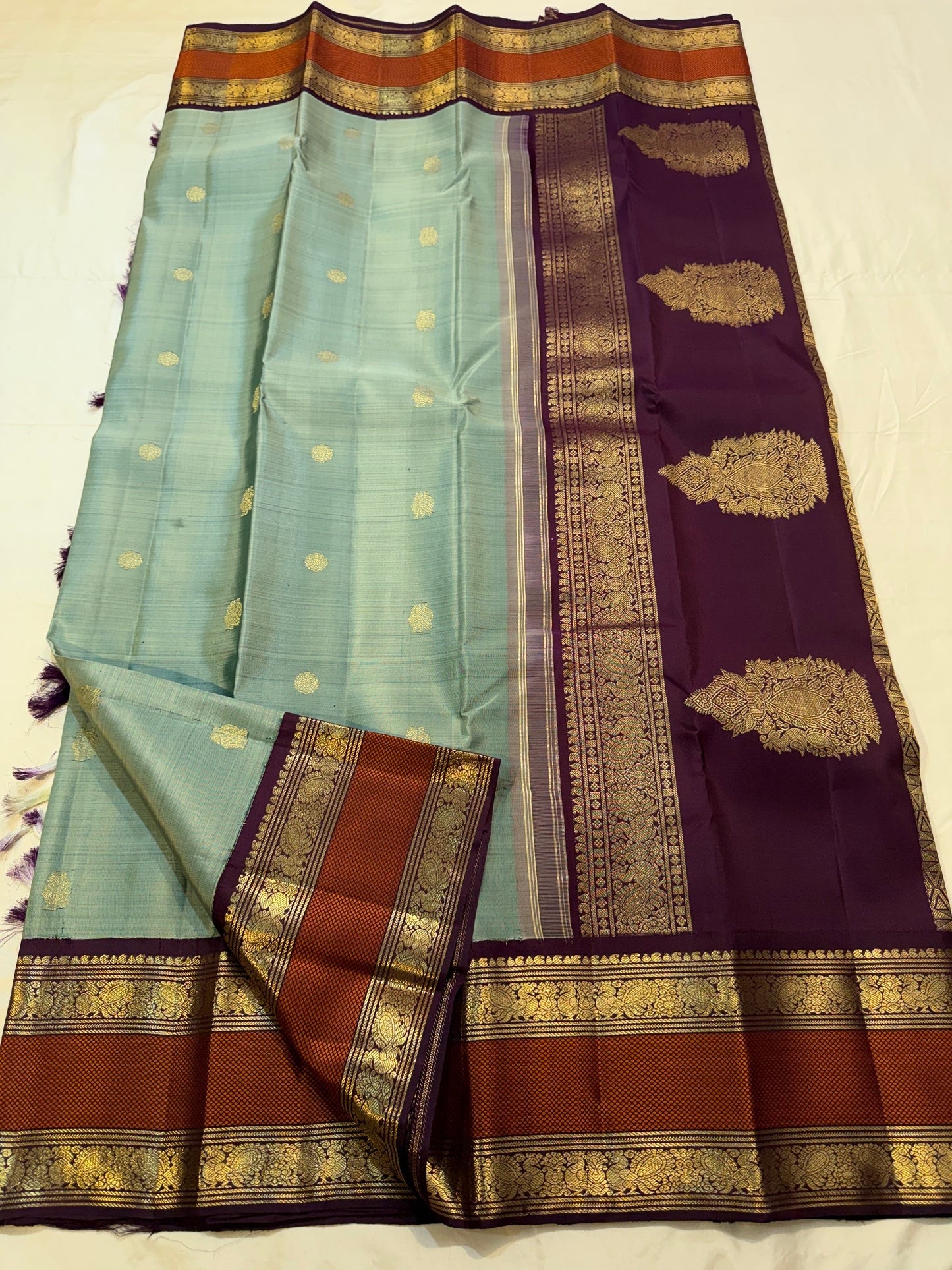 Coffee brown korvai border on sage green handwoven Kanchipuram pure silk saree — Idam Living