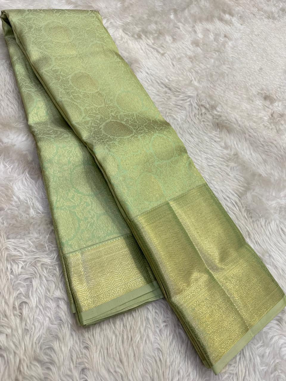 Sage green handwoven pure silk Kanjivaram saree overview — Idam Living