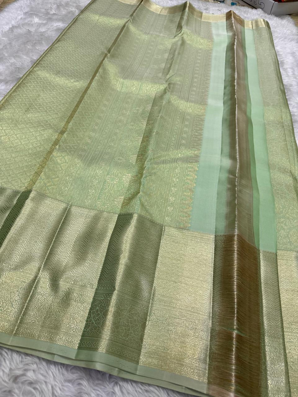 Pallu detail of sage green Kanjivaram silk saree