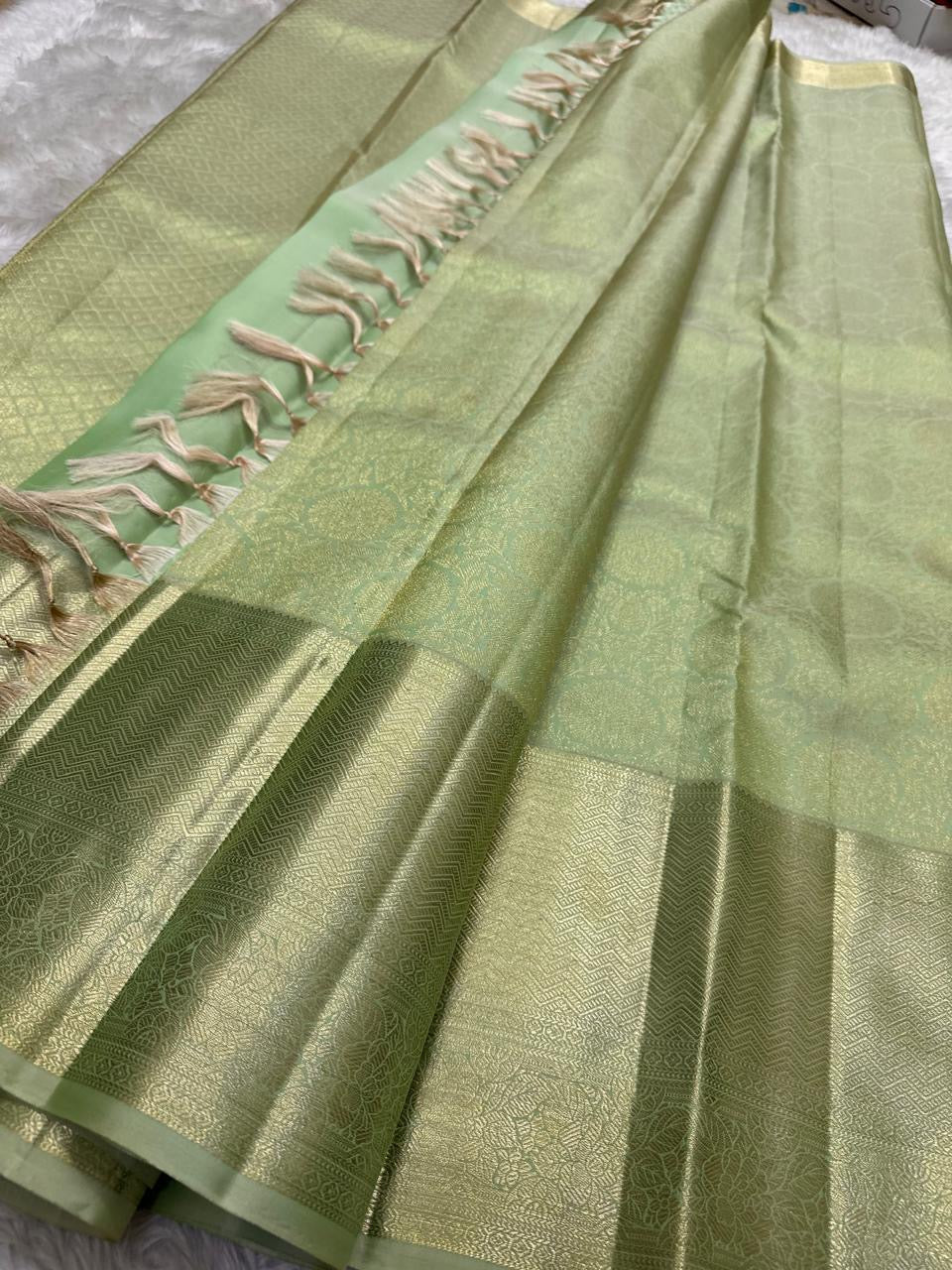Full drape of sage green pure silk Kanjivaram saree
