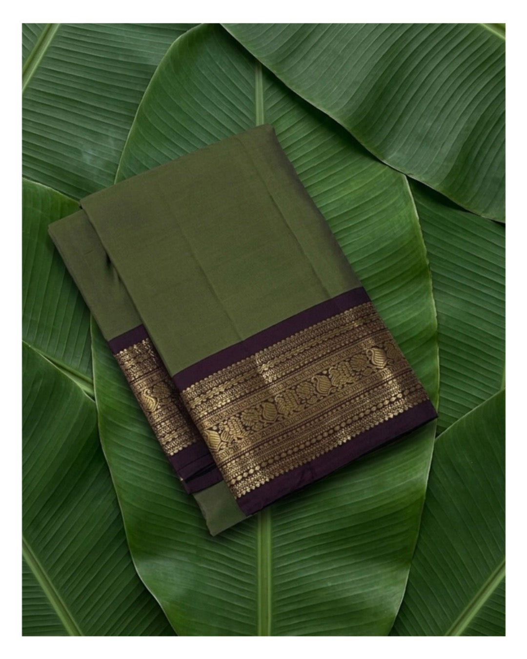 Sage green lightweight Kanjivaram silk saree with deep plum border and gold zari — Idam Living