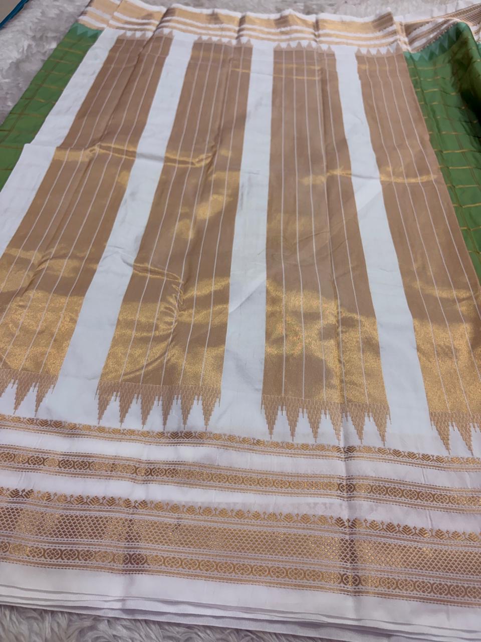 Sage Green Lightweight Pure Silk Kanchipuram Silk Thread Kattam Saree with Ivory Gold Border