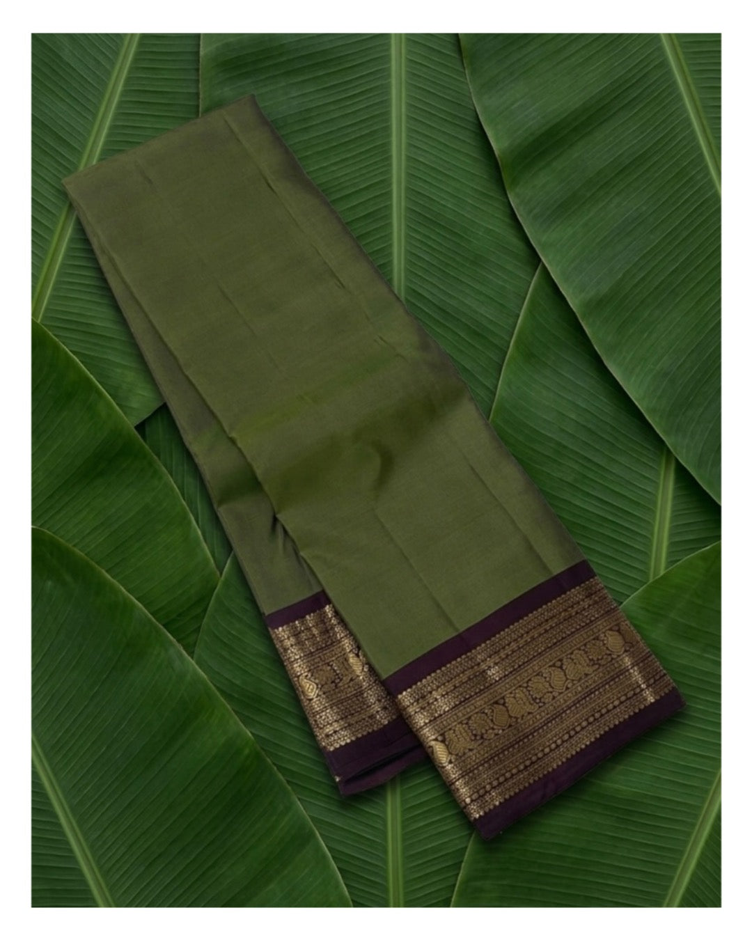 Full view of sage green lightweight pure silk Kanchipuram saree with plum varisaipet border — Idam Living