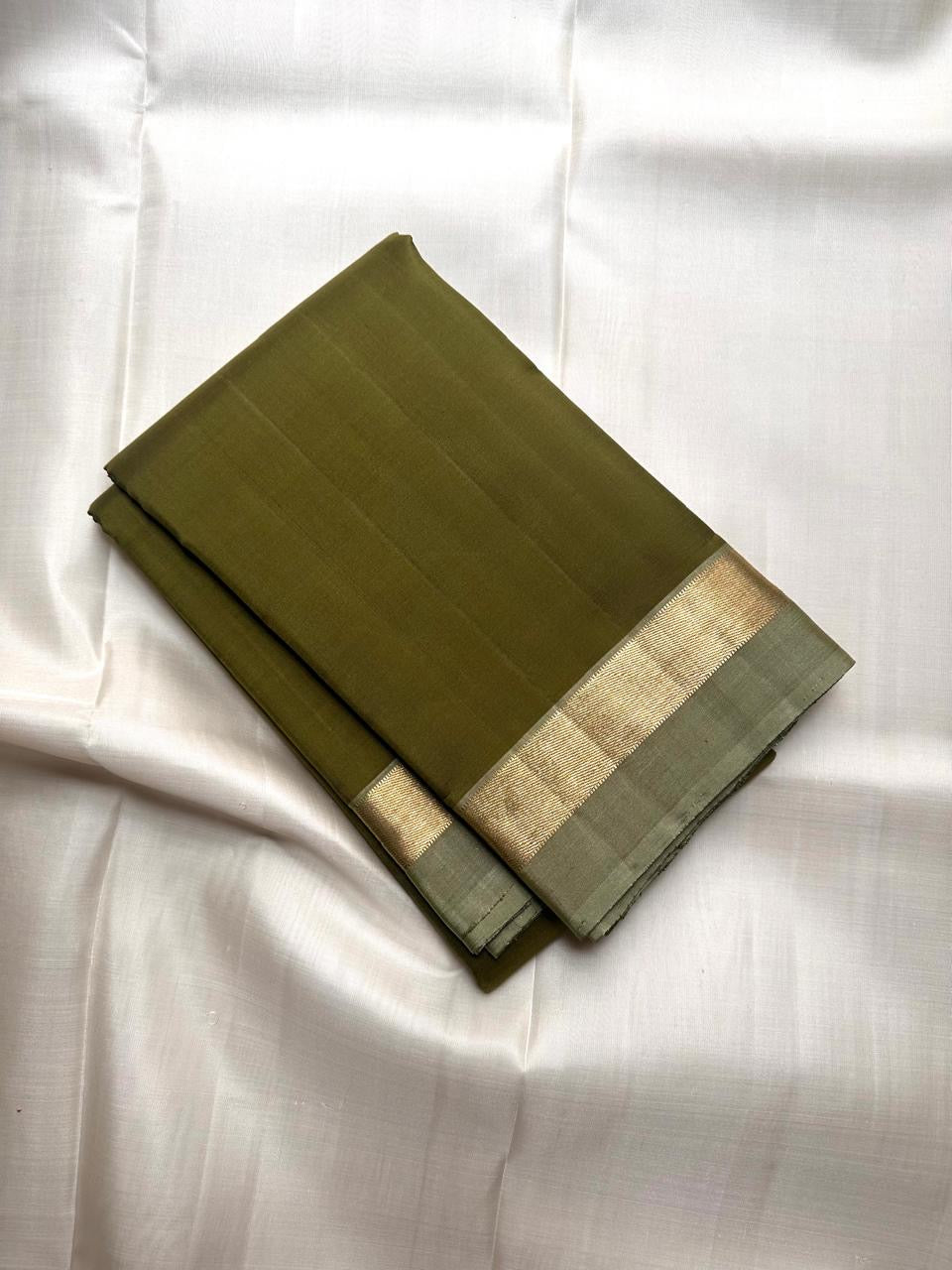 Olive Green Handwoven Pure Silk Kancheepuram Saree with Plain Body and Sage Green Zari Border