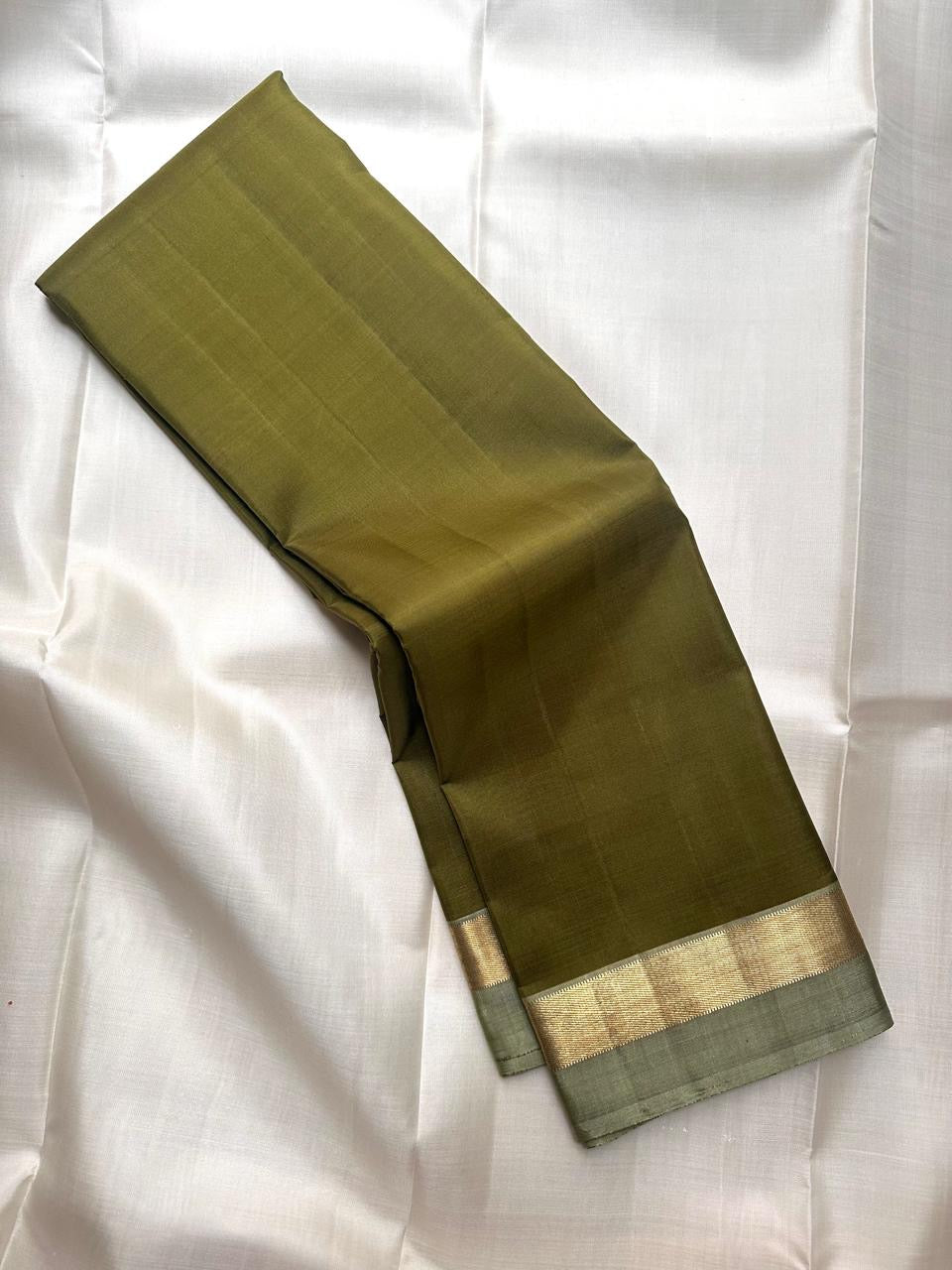 Olive Green Handwoven Pure Silk Kancheepuram Saree with Plain Body and Sage Green Zari Border