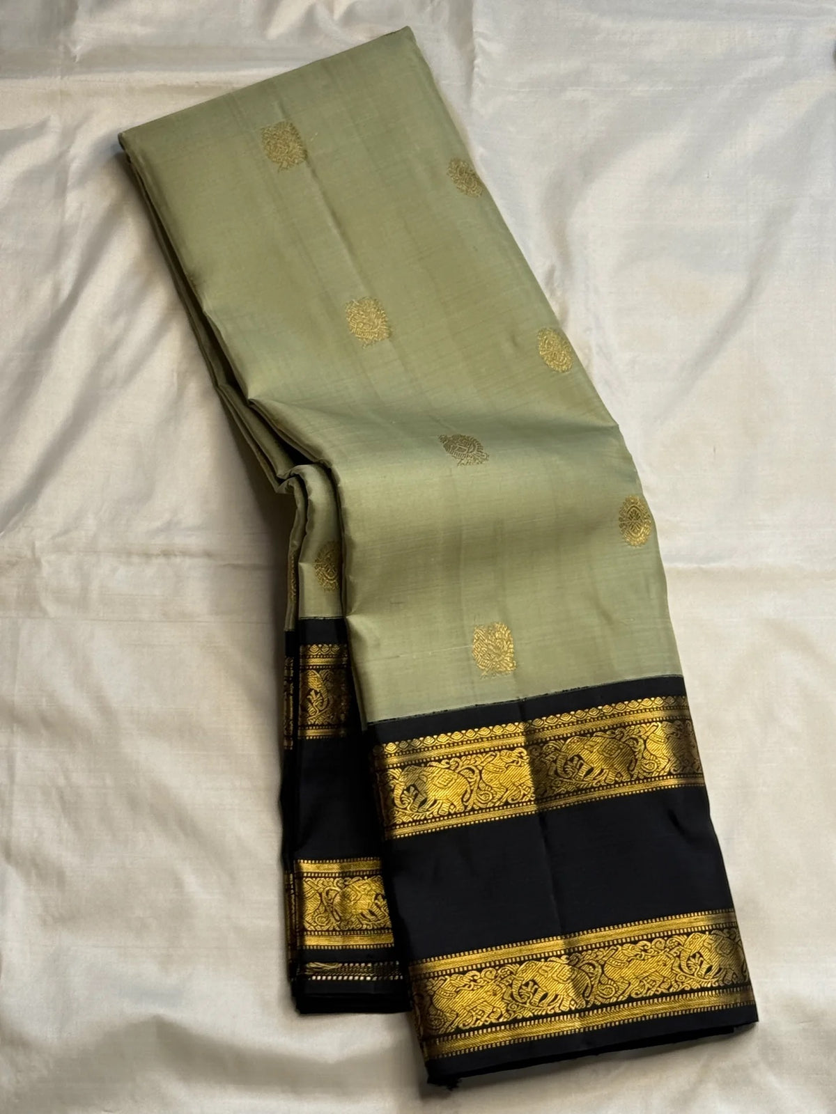 Sage green Rettapet Kanjivaram saree, full drape