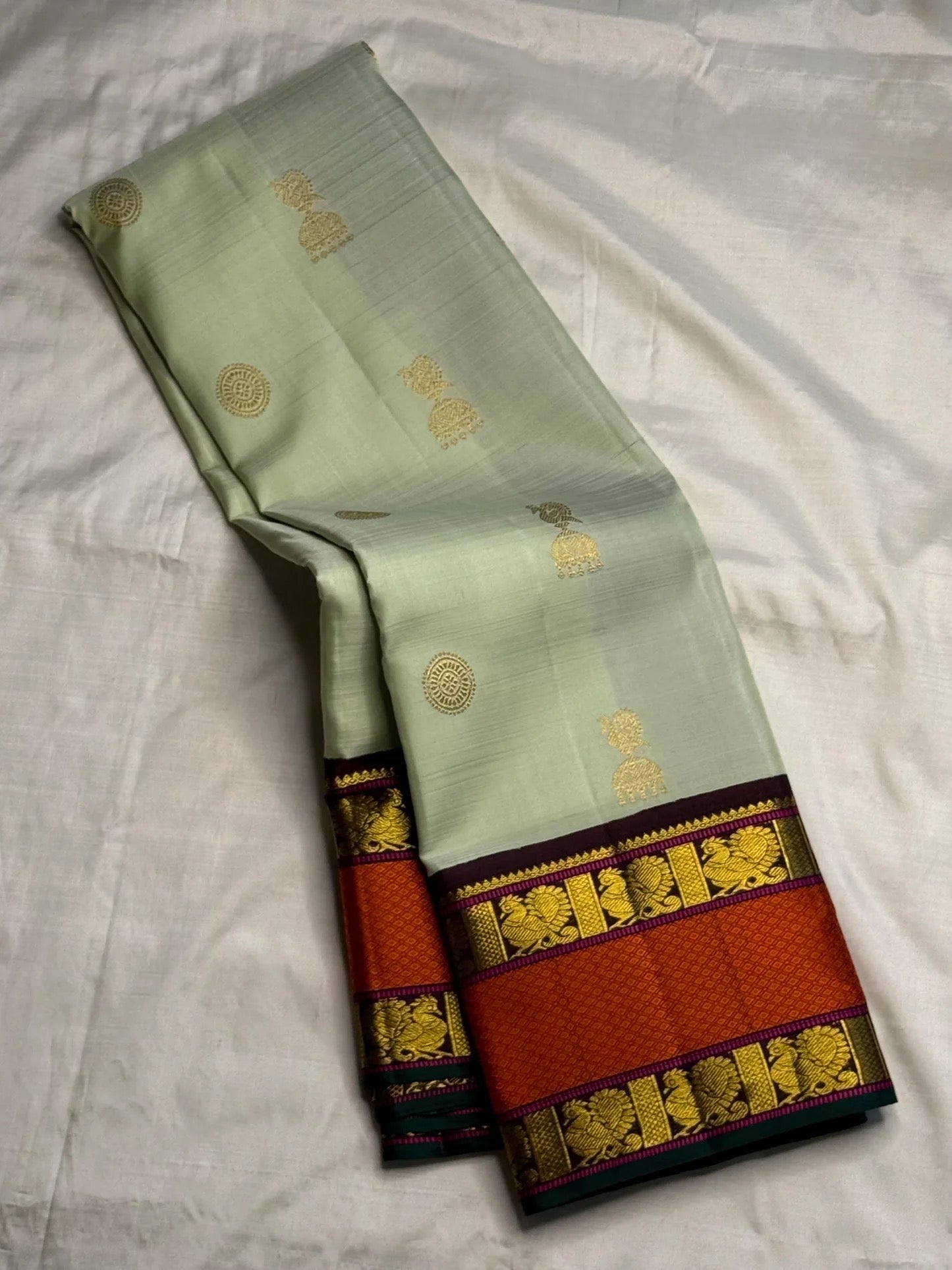 Sage Green Handwoven Pure Silk Kanchipuram Saree with Orange Rettapet Border