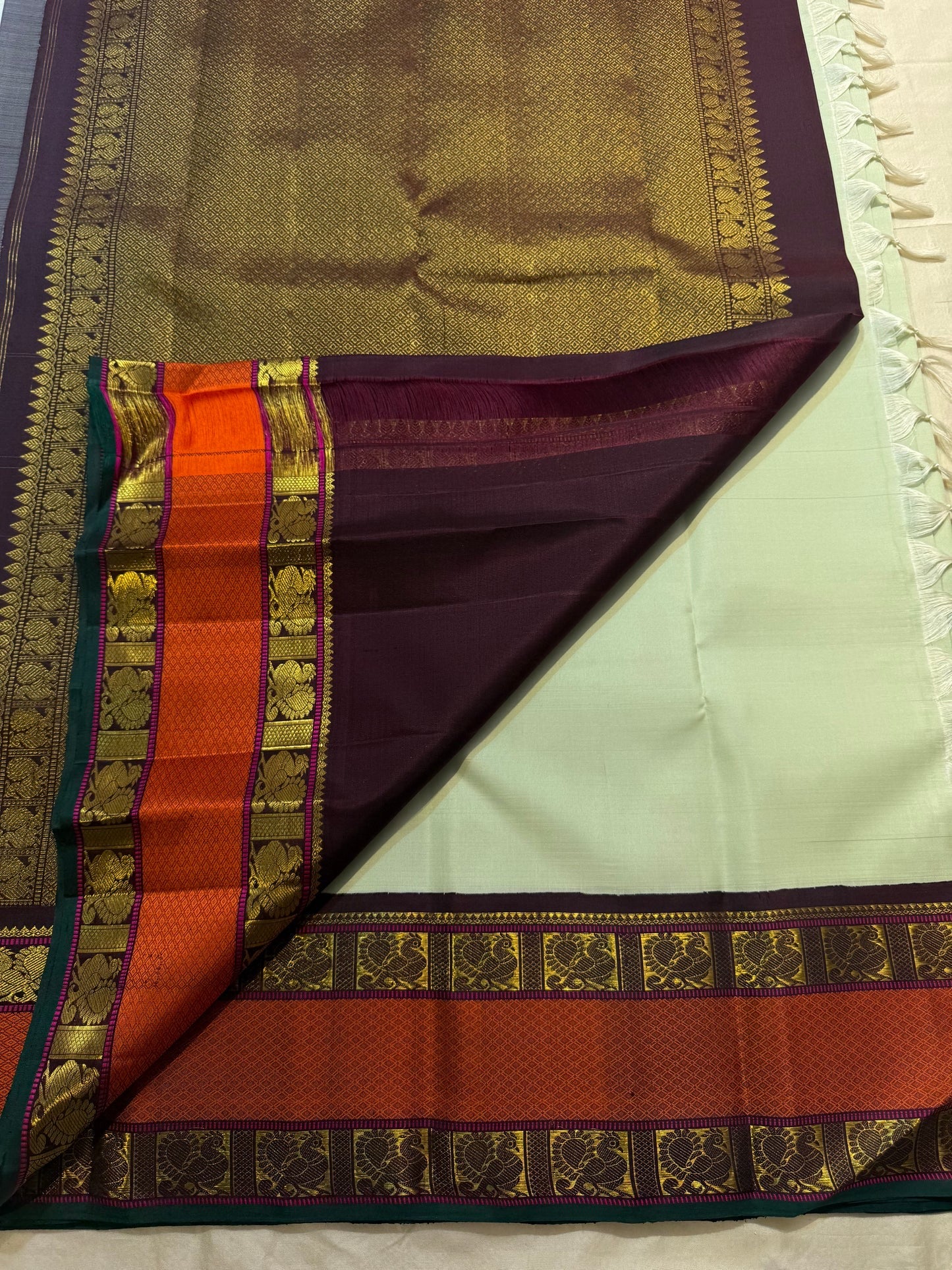 Sage Green Handwoven Pure Silk Kanchipuram Saree with Orange Rettapet Border
