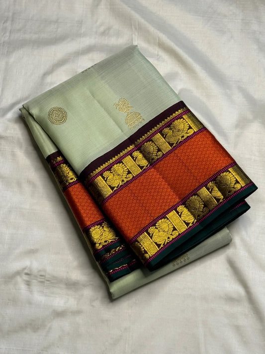 Sage Green Handwoven Pure Silk Kanchipuram Saree with Orange Rettapet Border