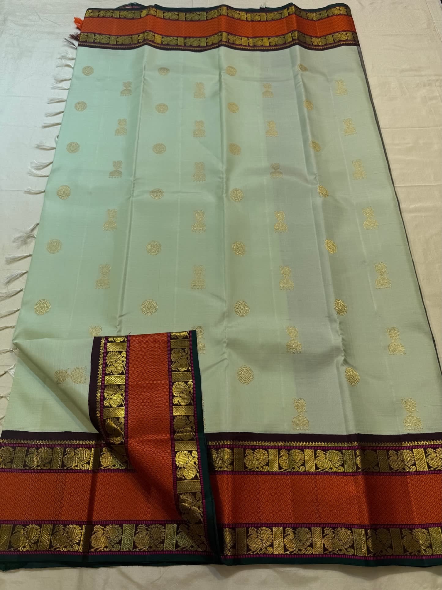 Sage Green Handwoven Pure Silk Kanchipuram Saree with Orange Rettapet Border