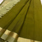 Olive Green Handwoven Pure Silk Kancheepuram Saree with Plain Body and Sage Green Zari Border