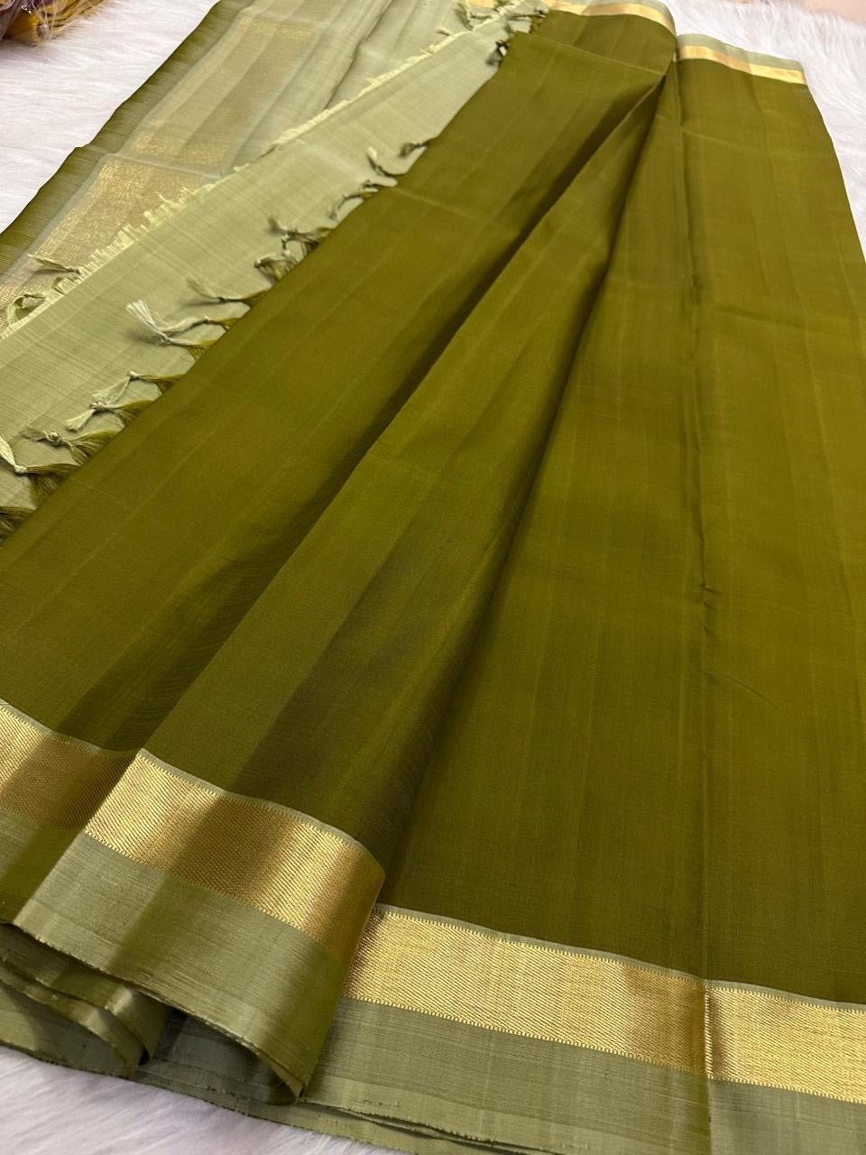 Olive Green Handwoven Pure Silk Kancheepuram Saree with Plain Body and Sage Green Zari Border