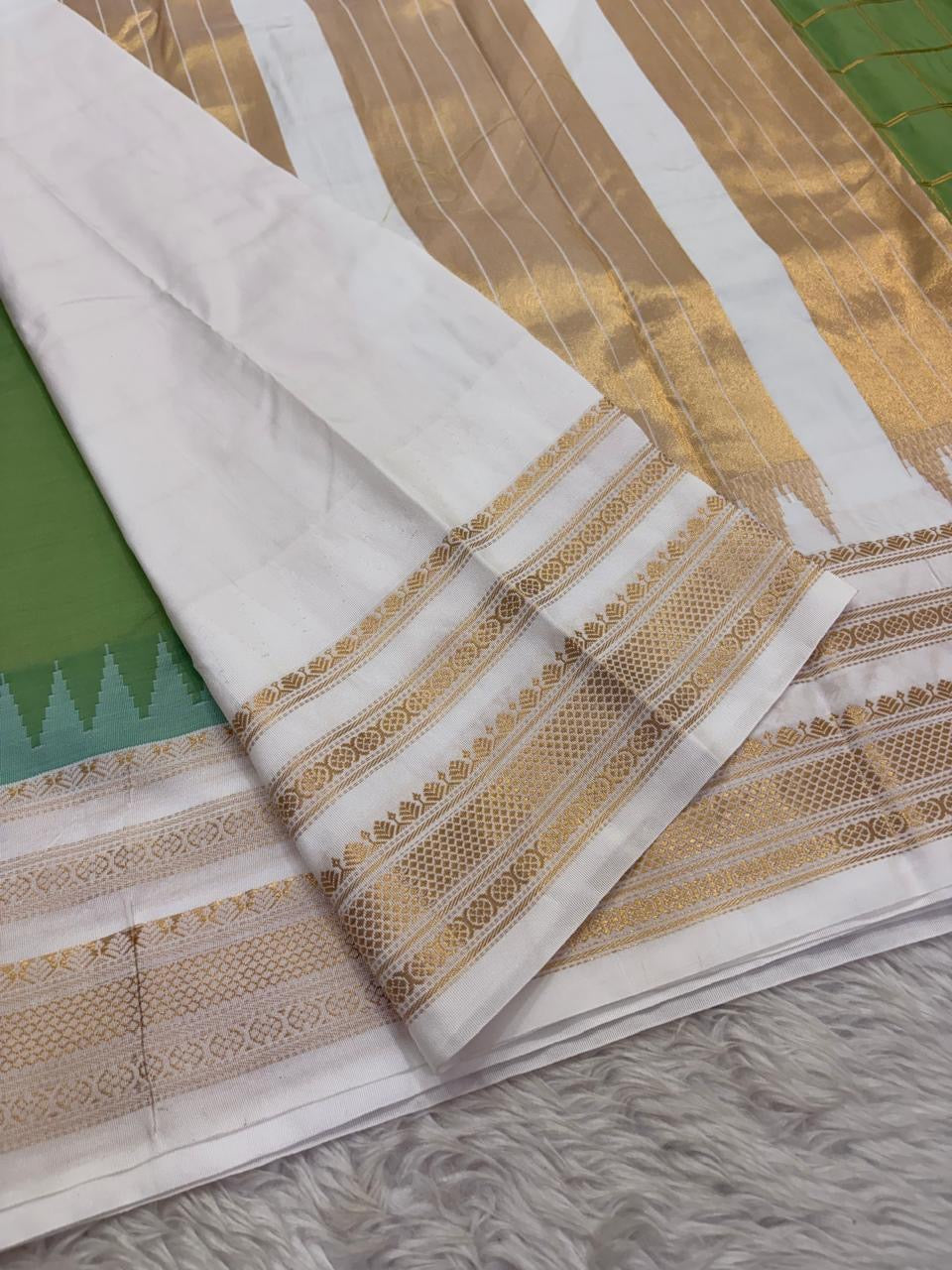Sage Green Lightweight Pure Silk Kanchipuram Silk Thread Kattam Saree with Ivory Gold Border