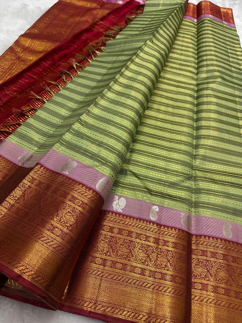Sage green Veldhari Kanchi Pattu silk saree, full overview — Idam Living