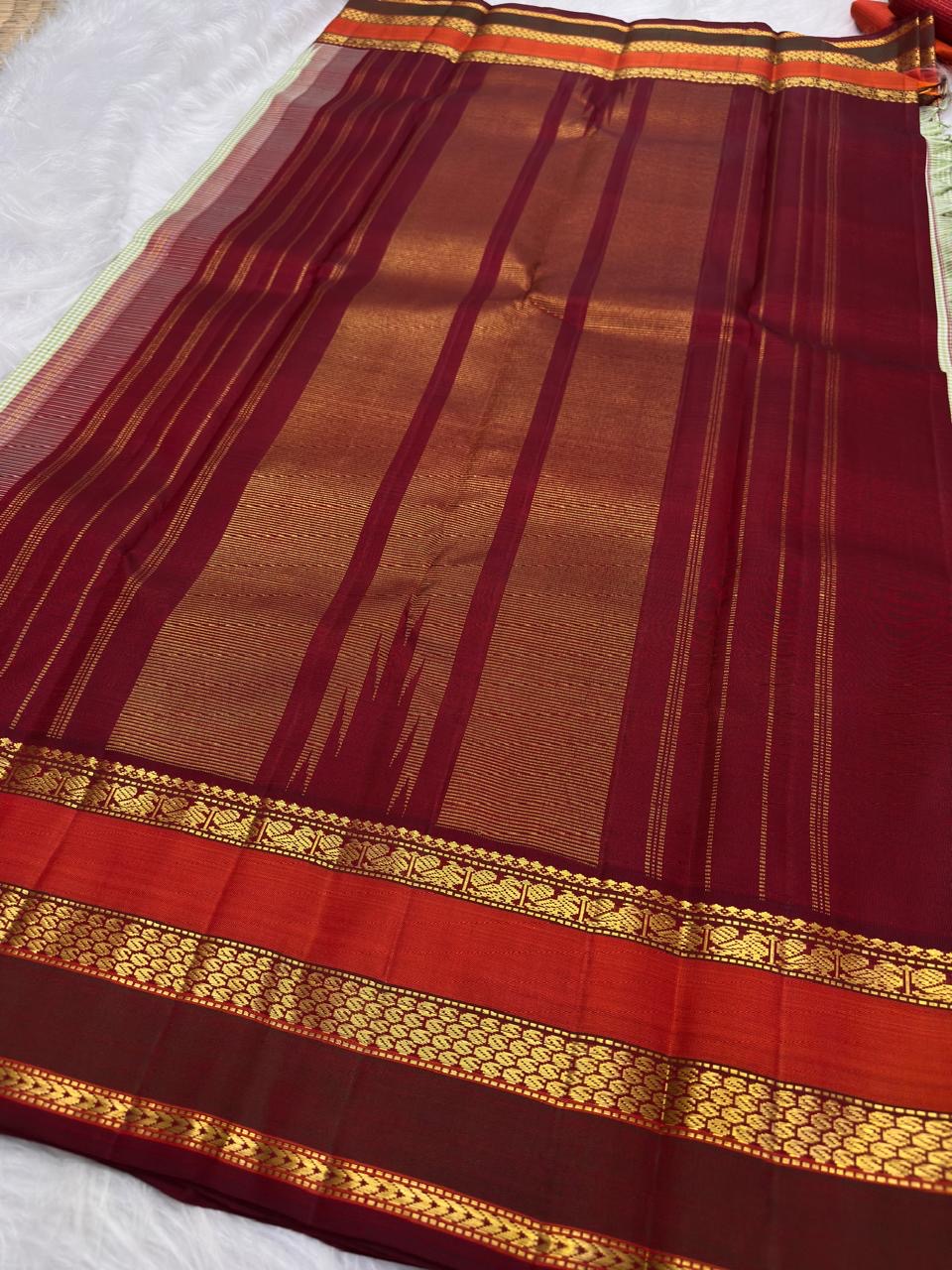 Pale Sage Kanjipuram body showing its extremely small checked surface and soft silk sheen.