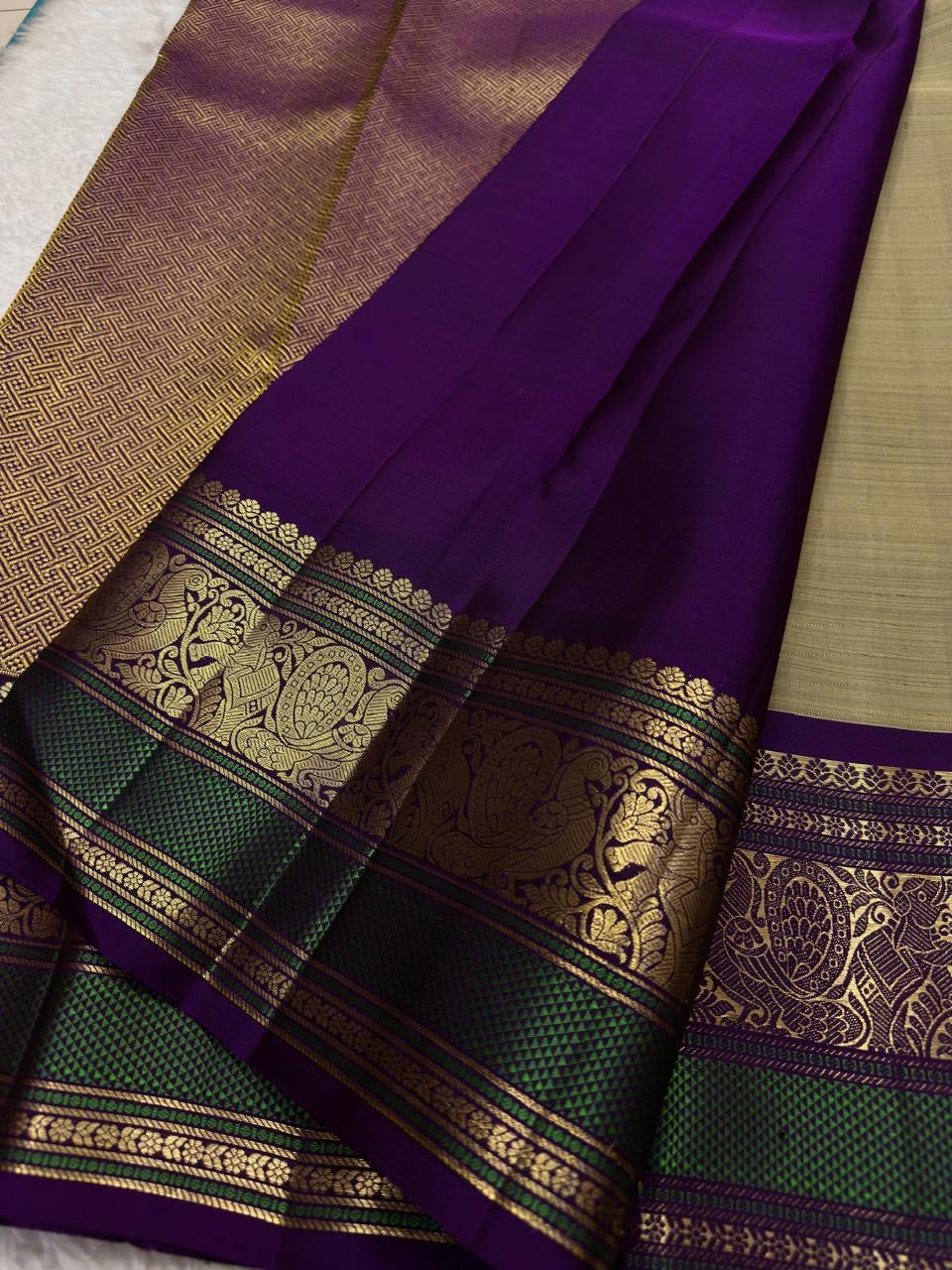 Sage Olive Handwoven Pure Silk Kanchipuram Saree with Varisaipet Mayil Butta Border