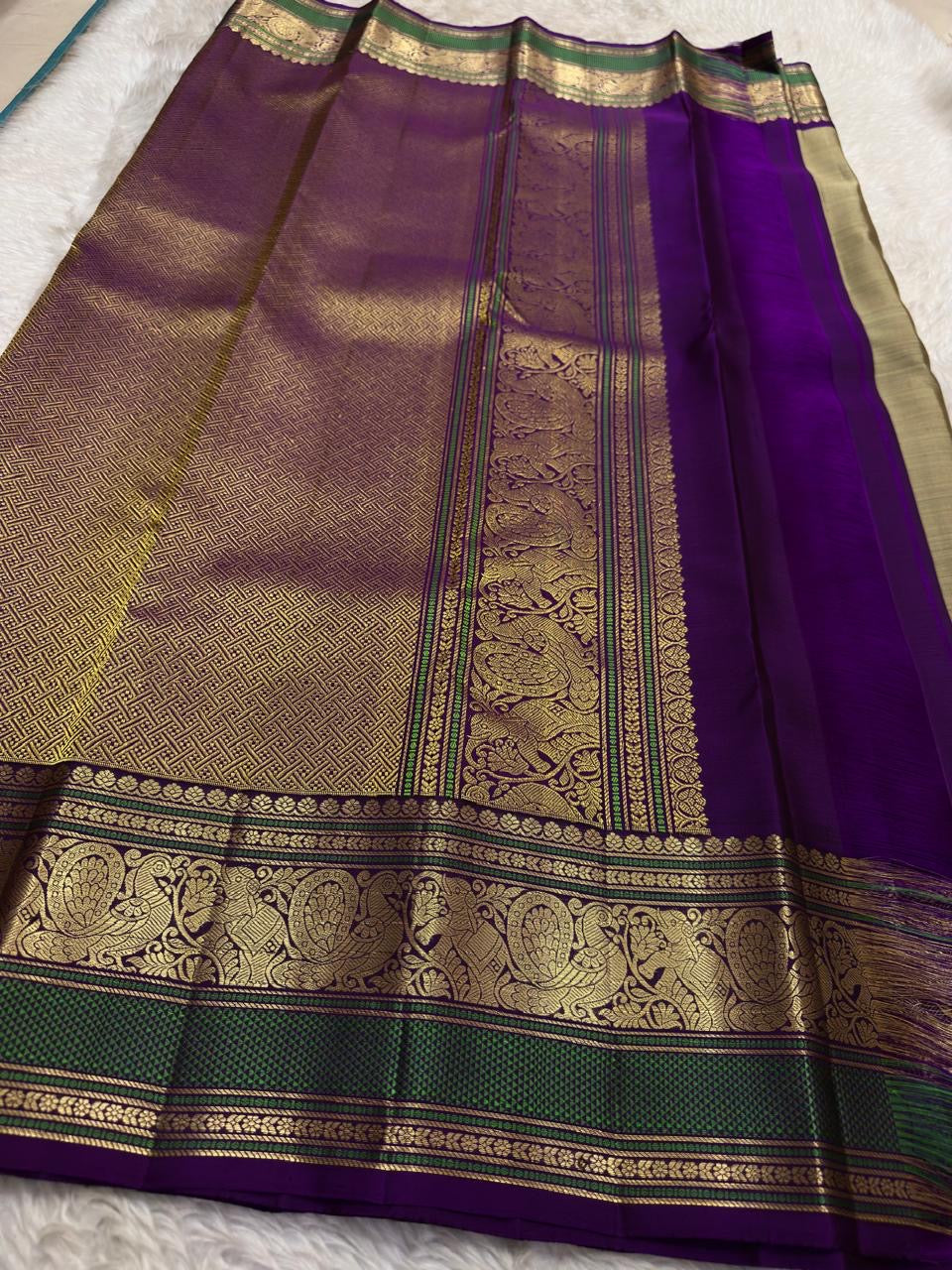 Sage Olive Handwoven Pure Silk Kanchipuram Saree with Varisaipet Mayil Butta Border