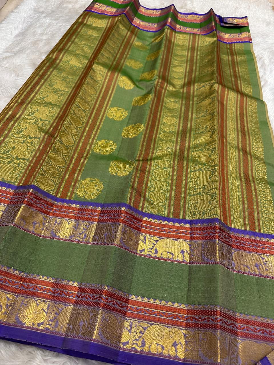 Sage olive handwoven pure silk Rettapet Kanjivaram saree — full saree overview — Idam Living