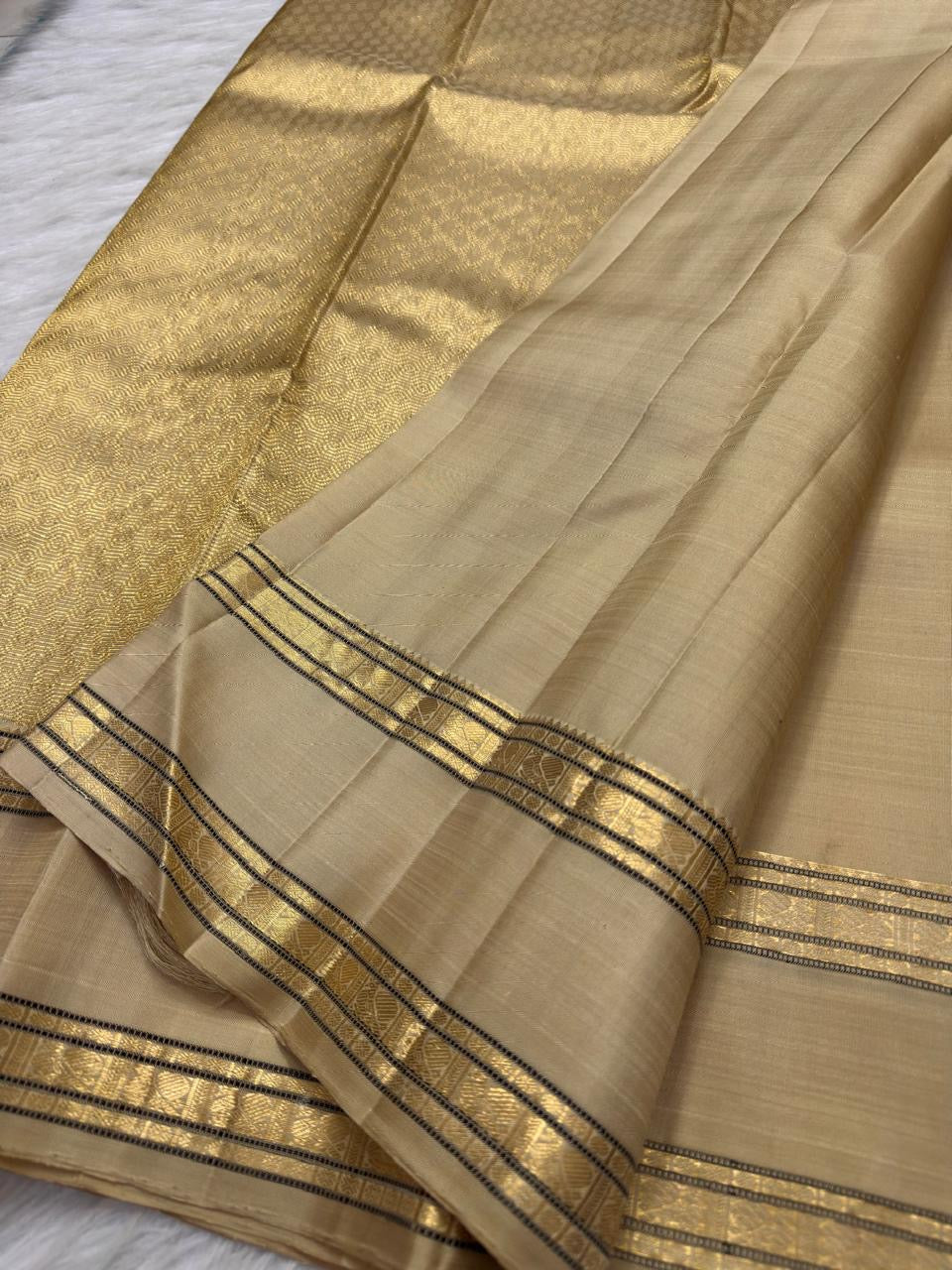 Ivory Gold Handwoven Pure Silk Kancheepuram Rettapet Saree with Dark-Edged Gold Zari Border