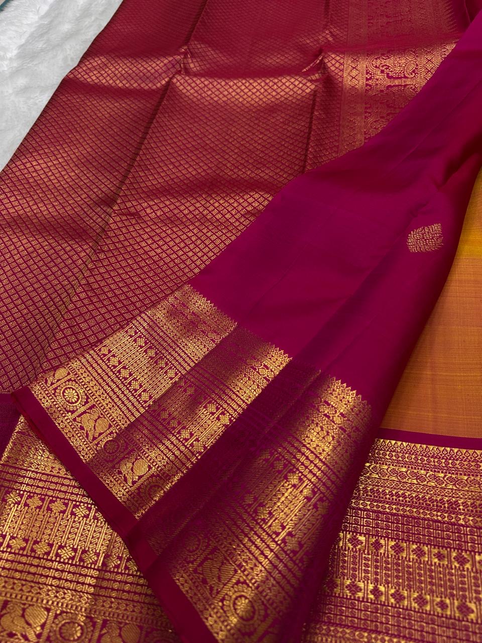 Sampangi Gold Rani Pink Pure Silk Kanchipuram Butta saree.