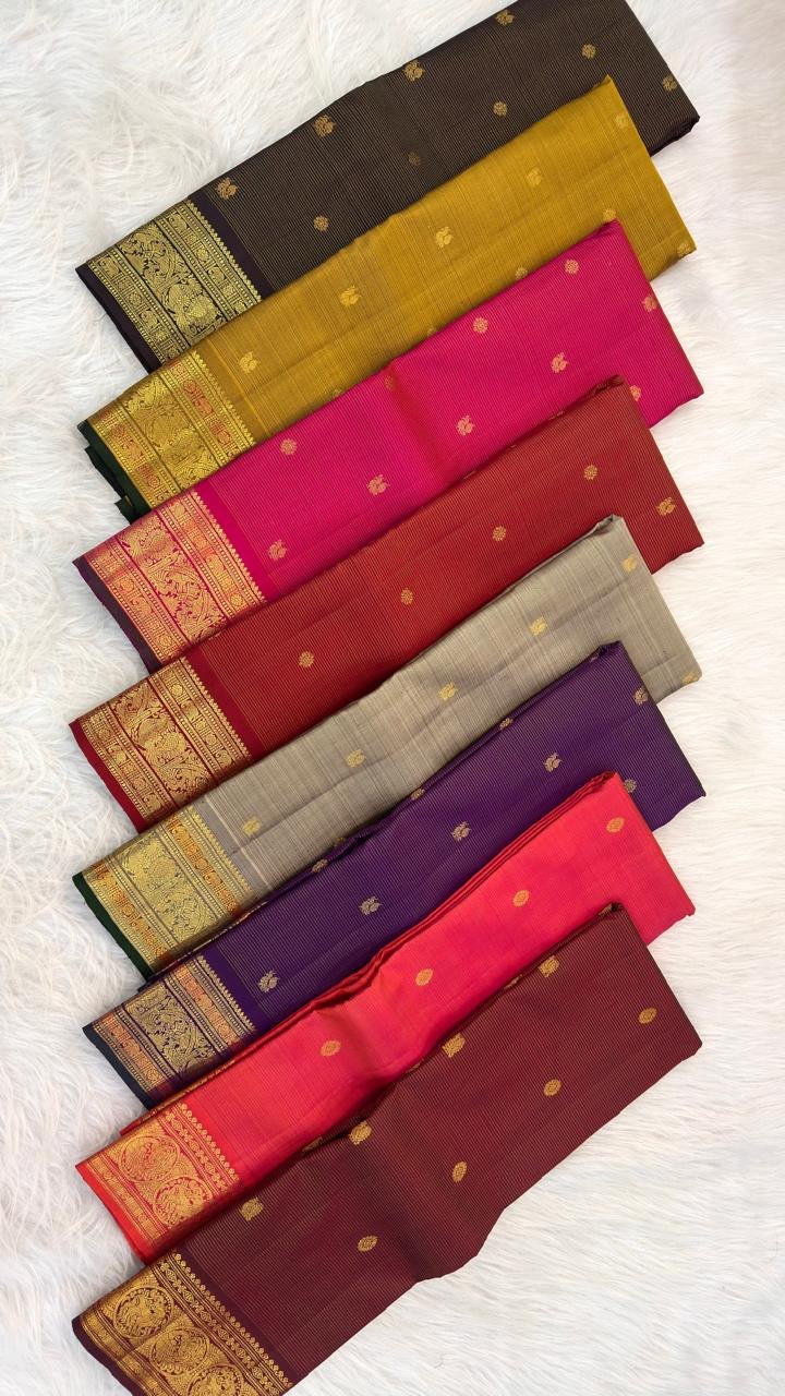 Warm Sand Beige pure silk Kanchipuram saree — needle stripe