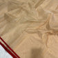 Sandalwood beige handloom Chanderi Katan Silk saree with gold woven buttas, deep red border and fine zari pallu