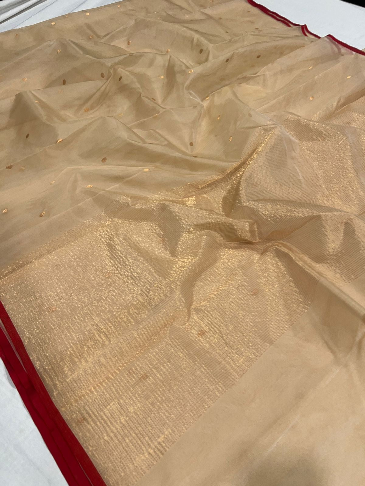 Sandalwood beige handloom Chanderi silk saree showing delicate gold buttas and slender deep red border