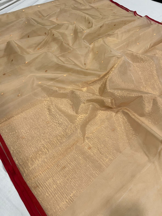 Sandalwood beige handloom Chanderi silk saree showing delicate gold buttas and slender deep red border