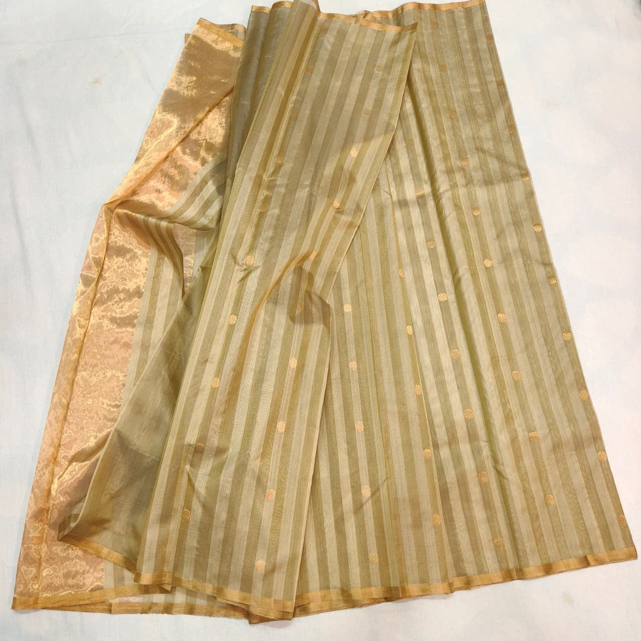 Sandalwood Beige handloom Pattu Silk Chanderi saree with antique-gold pallu, striped borders and gold buttas