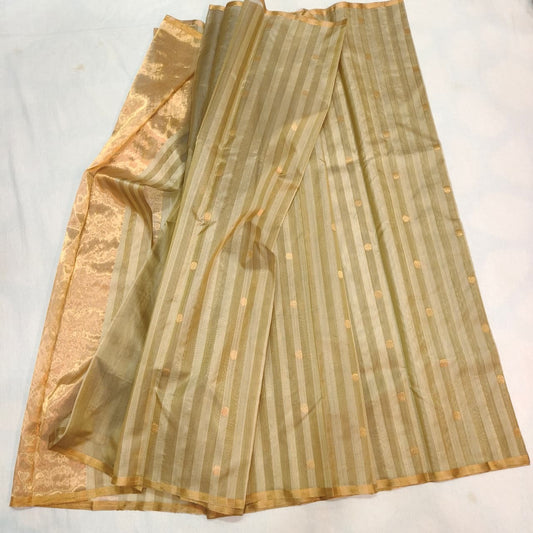Sandalwood Beige handloom Pattu Silk Chanderi saree with antique-gold pallu, striped borders and gold buttas