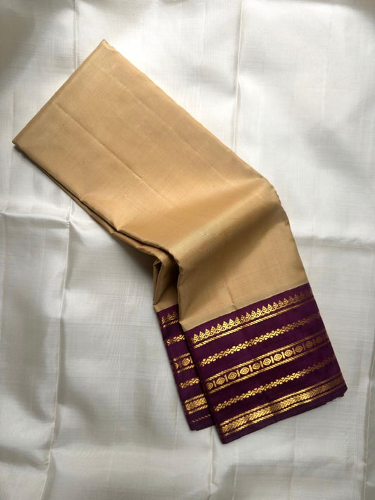 Sandalwood Beige Handwoven Pure Silk Kanchipuram Saree with Deep Maroon Varisaipet Zari Border